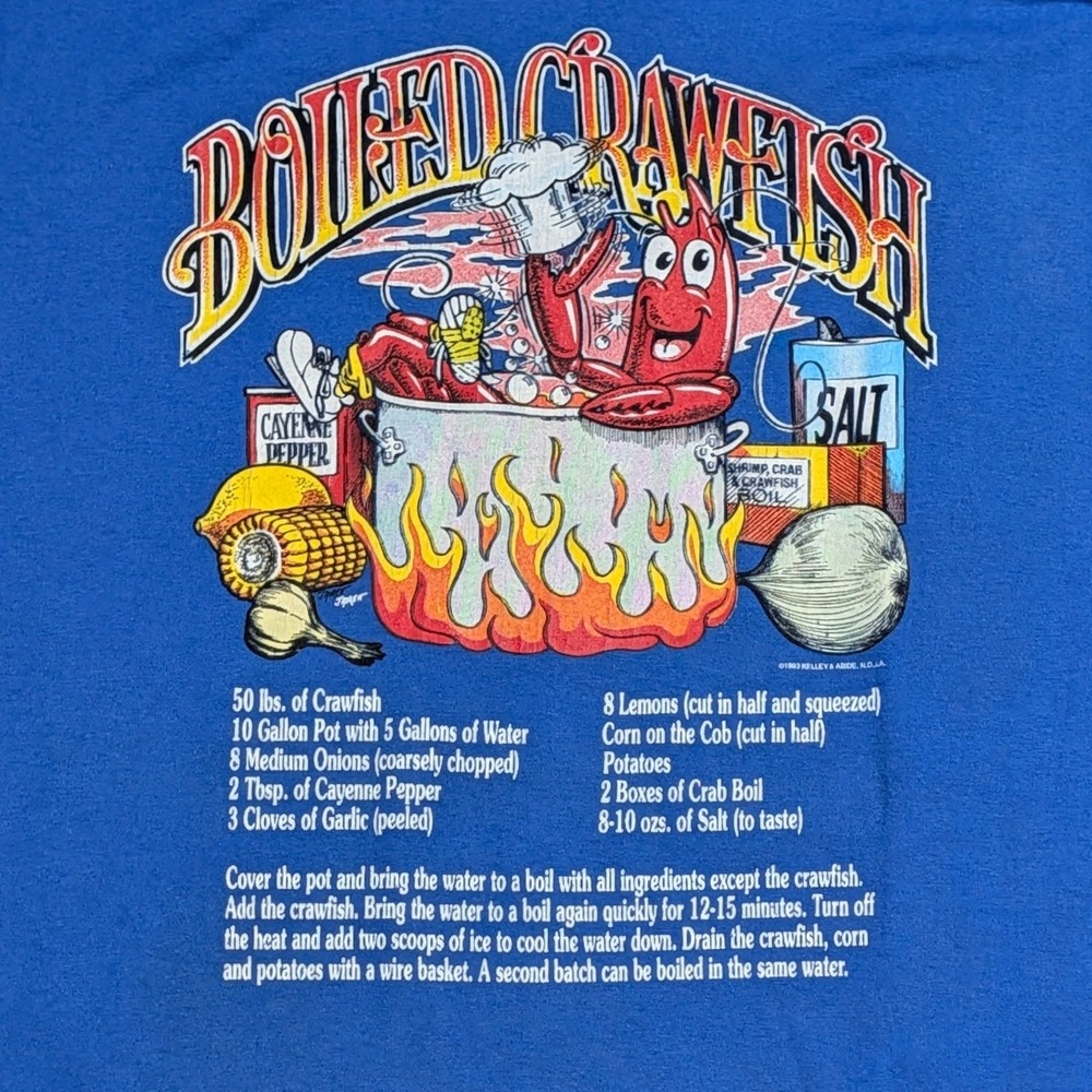 Vintage 1993 Hanes Boiled Crawfish Recipe T-Shirt Blue XXL Single Stitch 90s